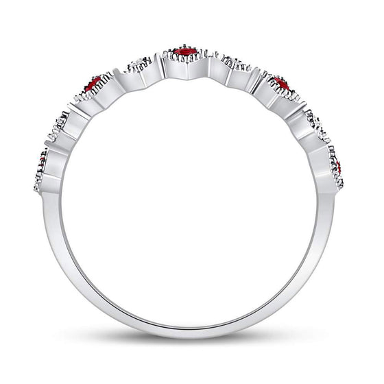 10k White Gold Womens Round Ruby Diamond Milgrain Square Stackable Band Ring 1/8 Cttw