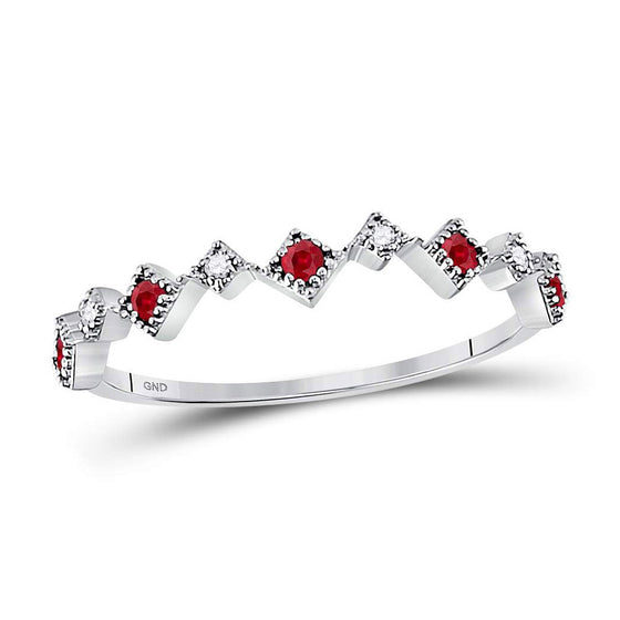 10k White Gold Womens Round Ruby Diamond Milgrain Square Stackable Band Ring 1/8 Cttw