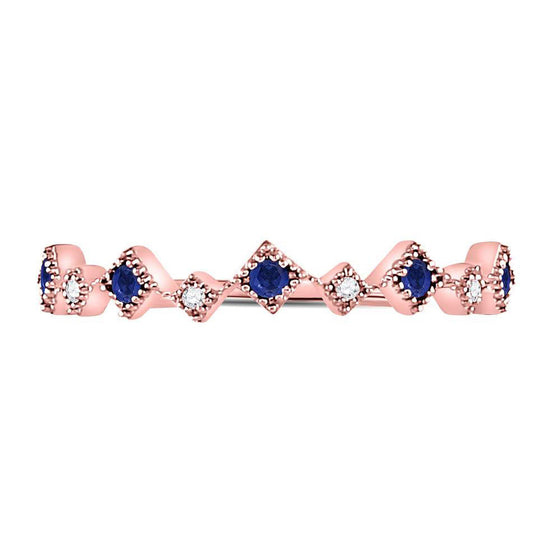 10k Rose Gold Womens Round Blue Sapphire Diamond Square Stackable Band Ring 1/5 Cttw