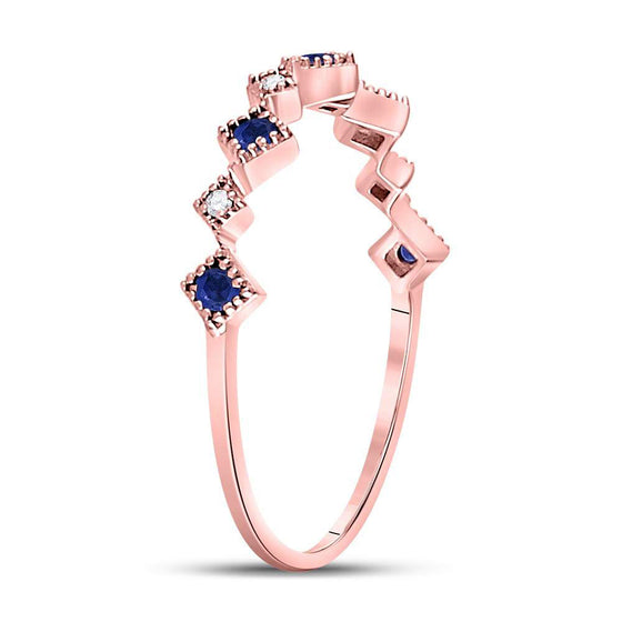 10k Rose Gold Womens Round Blue Sapphire Diamond Square Stackable Band Ring 1/5 Cttw
