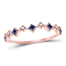  10k Rose Gold Womens Round Blue Sapphire Diamond Square Stackable Band Ring 1/5 Cttw