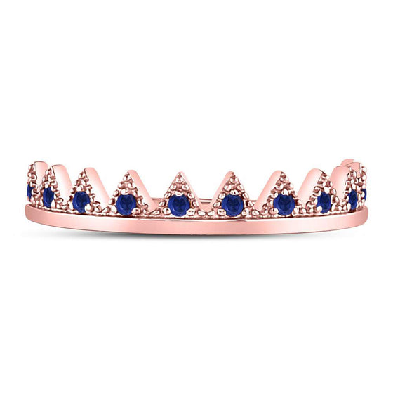 10k Rose Gold Womens Round Blue Sapphire Chevron Stackable Band Ring 1/10 Cttw