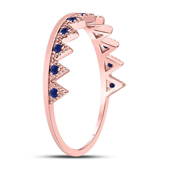 10k Rose Gold Womens Round Blue Sapphire Chevron Stackable Band Ring 1/10 Cttw