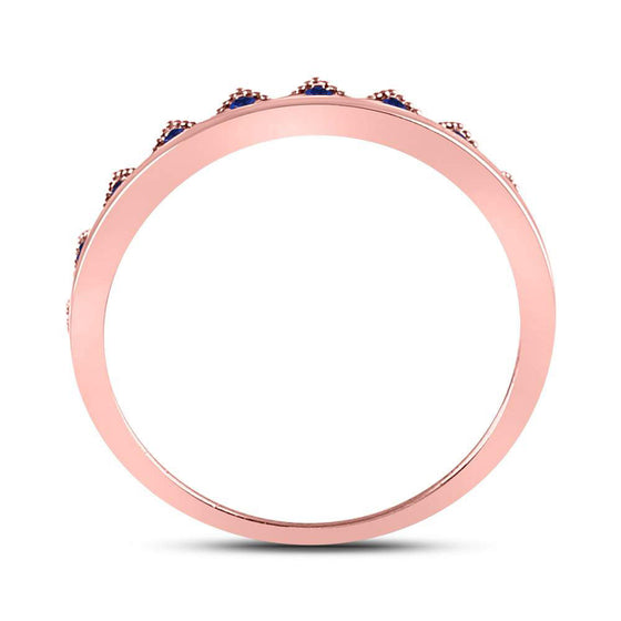 10k Rose Gold Womens Round Blue Sapphire Chevron Stackable Band Ring 1/10 Cttw
