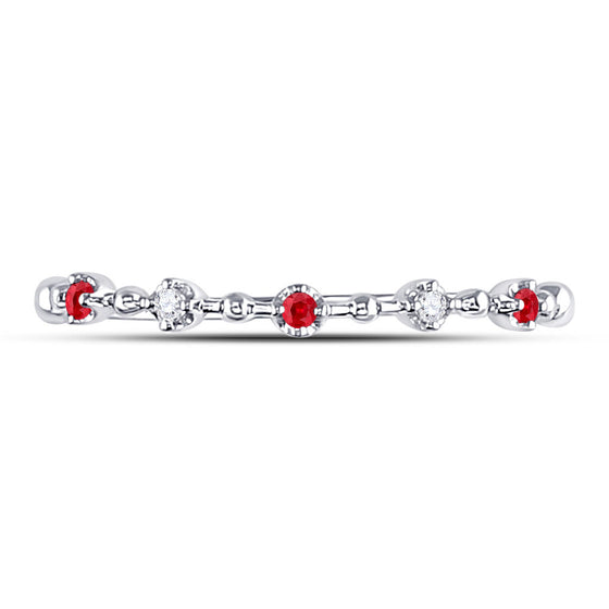 10k White Gold Womens Round Ruby Diamond Beaded Stackable Band Ring 1/20 Cttw