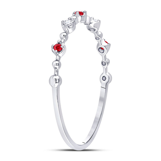 10k White Gold Womens Round Ruby Diamond Beaded Stackable Band Ring 1/20 Cttw