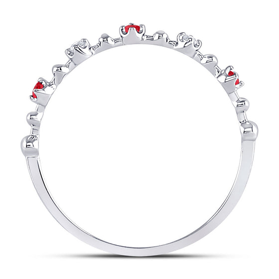 10k White Gold Womens Round Ruby Diamond Beaded Stackable Band Ring 1/20 Cttw