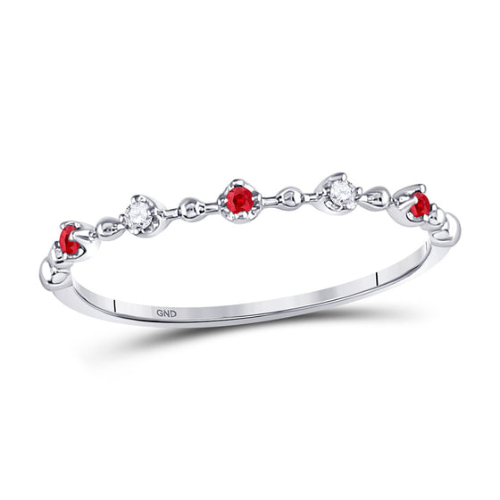 10k White Gold Womens Round Ruby Diamond Beaded Stackable Band Ring 1/20 Cttw