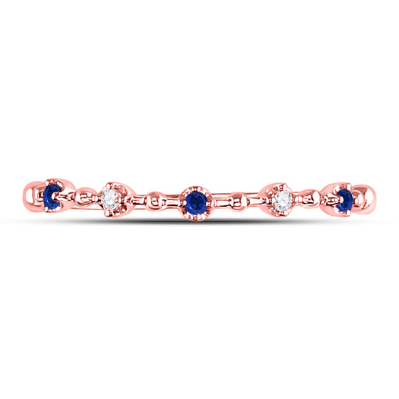 10k Rose Gold Womens Round Blue Sapphire Diamond Beaded Stackable Band Ring 1/20 Cttw