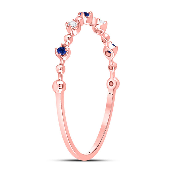 10k Rose Gold Womens Round Blue Sapphire Diamond Beaded Stackable Band Ring 1/20 Cttw