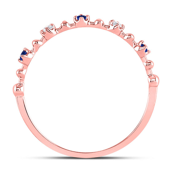 10k Rose Gold Womens Round Blue Sapphire Diamond Beaded Stackable Band Ring 1/20 Cttw