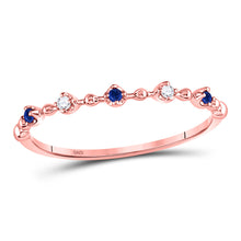  10k Rose Gold Womens Round Blue Sapphire Diamond Beaded Stackable Band Ring 1/20 Cttw