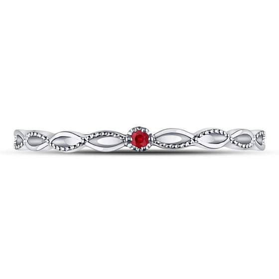 10k White Gold Womens Round Ruby Solitaire Stackable Band Ring .01 Cttw