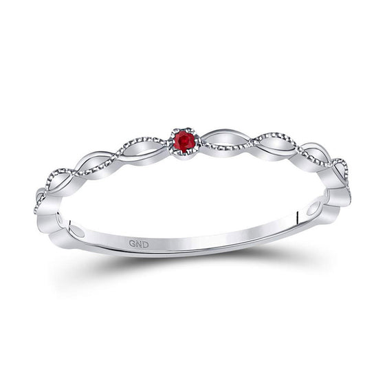 10k White Gold Womens Round Ruby Solitaire Stackable Band Ring .01 Cttw