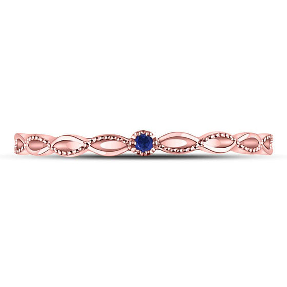 10k Rose Gold Womens Round Blue Sapphire Milgrain Stackable Band Ring .01 Cttw