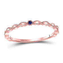  10k Rose Gold Womens Round Blue Sapphire Milgrain Stackable Band Ring .01 Cttw