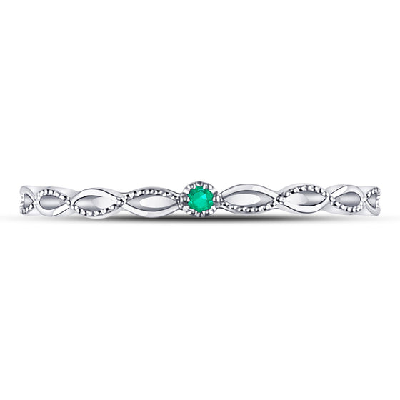 10k White Gold Womens Round Emerald Solitaire Milgrain Stackable Band Ring .01 Cttw