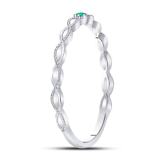 10k White Gold Womens Round Emerald Solitaire Milgrain Stackable Band Ring .01 Cttw