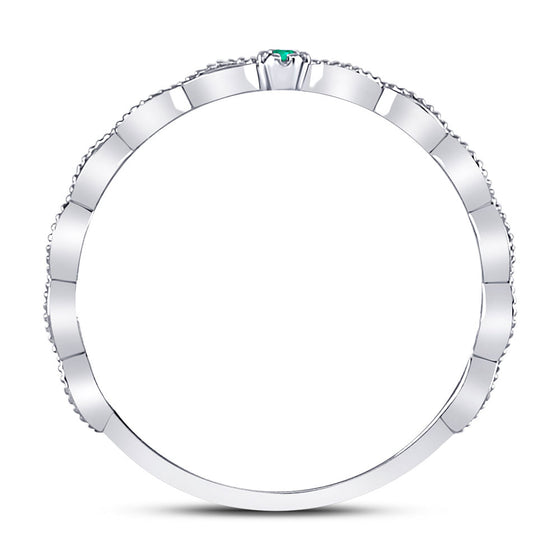 10k White Gold Womens Round Emerald Solitaire Milgrain Stackable Band Ring .01 Cttw