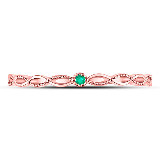 10k Rose Gold Womens Round Emerald Solitaire Milgrain Stackable Band Ring .01 Cttw