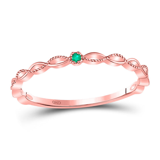 10k Rose Gold Womens Round Emerald Solitaire Milgrain Stackable Band Ring .01 Cttw
