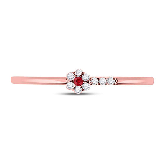 10k Rose Gold Womens Round Ruby Diamond Stackable Band Ring 1/20 Cttw