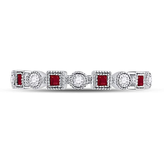 10k White Gold Womens Princess Ruby Diamond Square Dot Milgrain Stackable Band Ring 1/8 Cttw