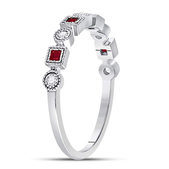 10k White Gold Womens Princess Ruby Diamond Square Dot Milgrain Stackable Band Ring 1/8 Cttw