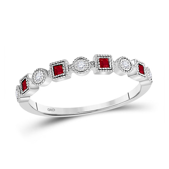 10k White Gold Womens Princess Ruby Diamond Square Dot Milgrain Stackable Band Ring 1/8 Cttw