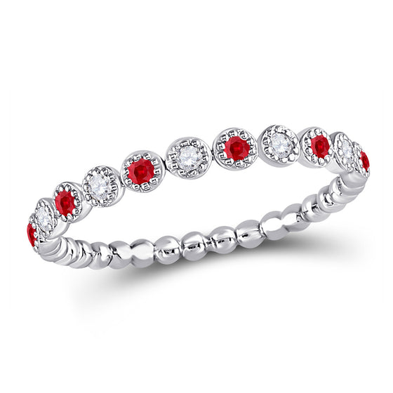 10k White Gold Womens Round Ruby Diamond Bead Dot Stackable Band Ring 1/5 Cttw