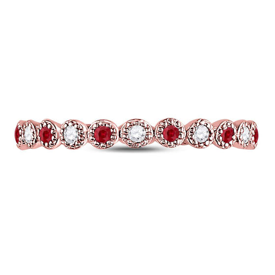 10k Rose Gold Womens Round Ruby Diamond Beaded Dot Stackable Band Ring 1/6 Cttw