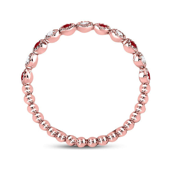 10k Rose Gold Womens Round Ruby Diamond Beaded Dot Stackable Band Ring 1/6 Cttw
