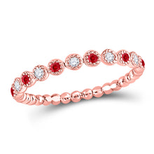  10k Rose Gold Womens Round Ruby Diamond Beaded Dot Stackable Band Ring 1/6 Cttw