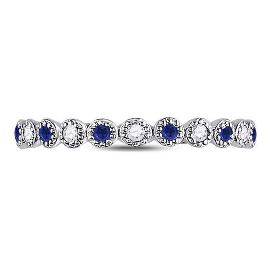 10k White Gold Womens Round Blue Sapphire Diamond Beaded Dot Stackable Band Ring 1/6 Cttw