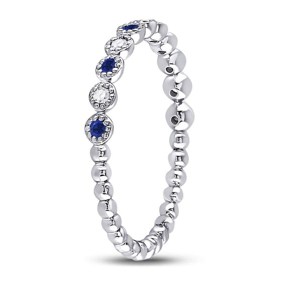 10k White Gold Womens Round Blue Sapphire Diamond Beaded Dot Stackable Band Ring 1/6 Cttw