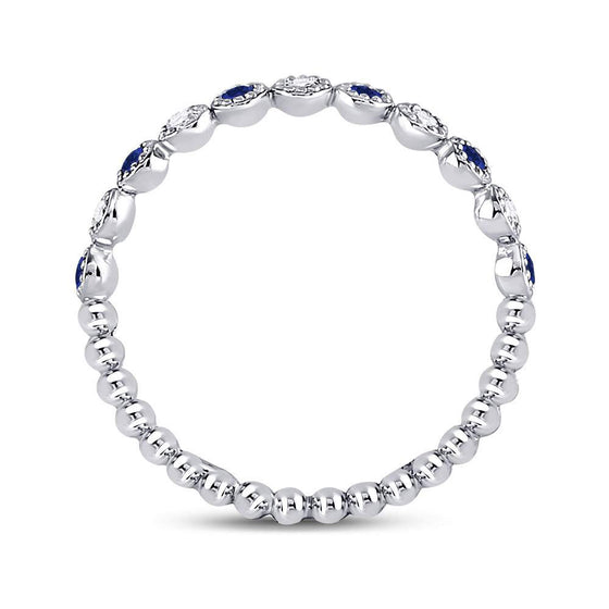 10k White Gold Womens Round Blue Sapphire Diamond Beaded Dot Stackable Band Ring 1/6 Cttw