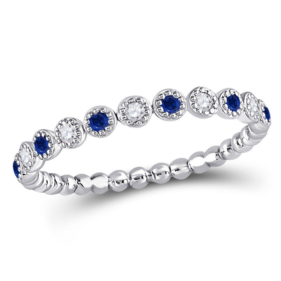 10k White Gold Womens Round Blue Sapphire Diamond Beaded Dot Stackable Band Ring 1/6 Cttw