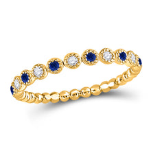  10k Yellow Gold Womens Round Blue Sapphire Diamond Beaded Dot Stackable Band Ring 1/6 Cttw