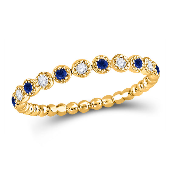 10k Yellow Gold Womens Round Blue Sapphire Diamond Beaded Dot Stackable Band Ring 1/6 Cttw