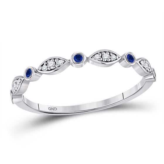 10k White Gold Womens Round Blue Sapphire Diamond Stackable Band Ring 1/10 Cttw
