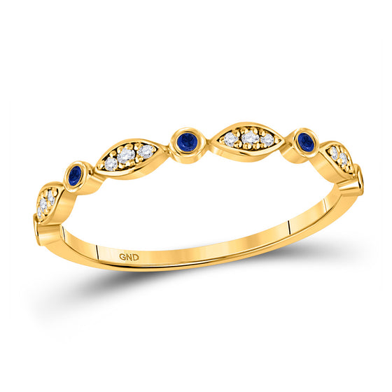 10k Yellow Gold Womens Round Blue Sapphire Diamond Stackable Band Ring 1/10 Cttw