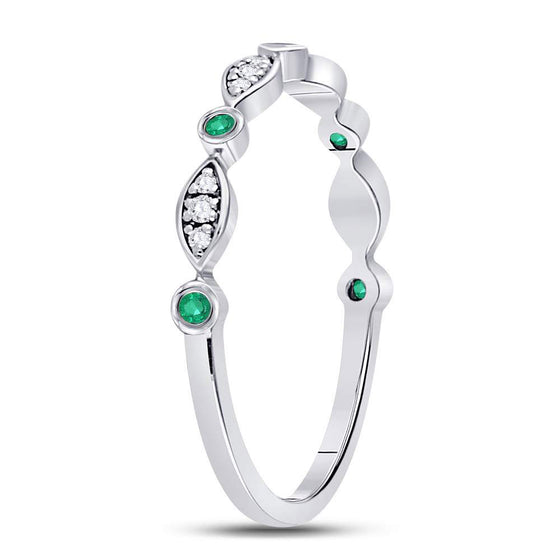 10k White Gold Womens Round Emerald Diamond Marquise Dot Stackable Band Ring 1/8 Cttw