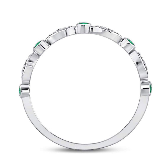 10k White Gold Womens Round Emerald Diamond Marquise Dot Stackable Band Ring 1/8 Cttw