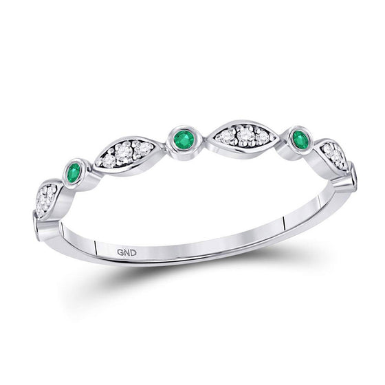 10k White Gold Womens Round Emerald Diamond Marquise Dot Stackable Band Ring 1/8 Cttw