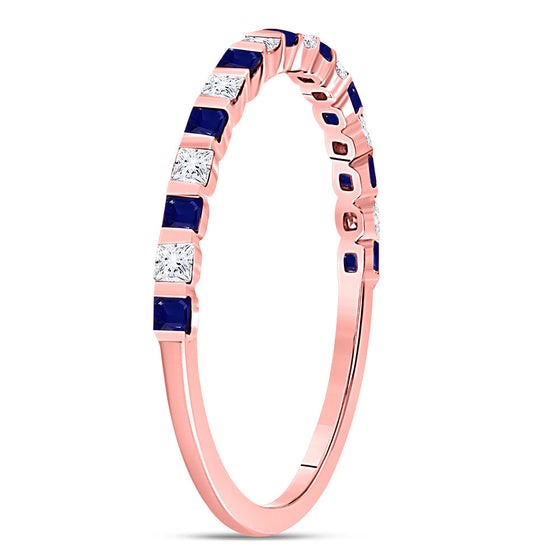 10k Rose Gold Womens Princess Blue Sapphire Diamond Stackable Band Ring 3/8 Cttw