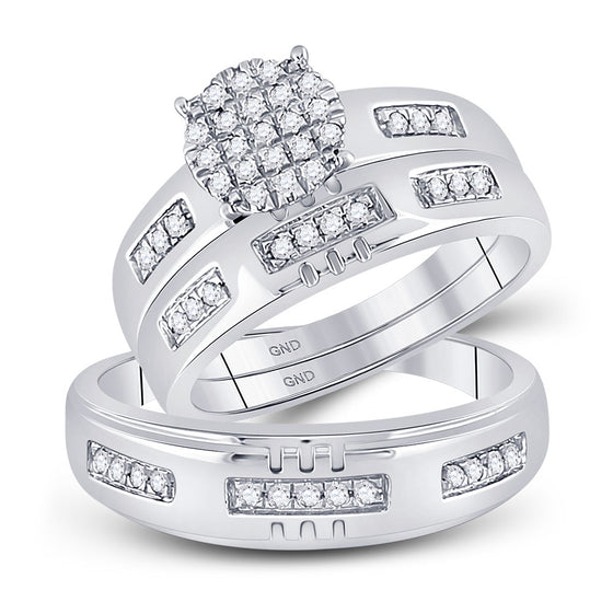 10k White Gold His Hers Round Diamond Cluster Matching Wedding Set 1/3 Cttw