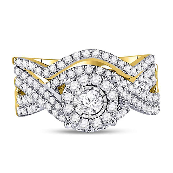 10k Yellow Gold Round Diamond Contoured Bridal Wedding Ring Band Set 1 Cttw