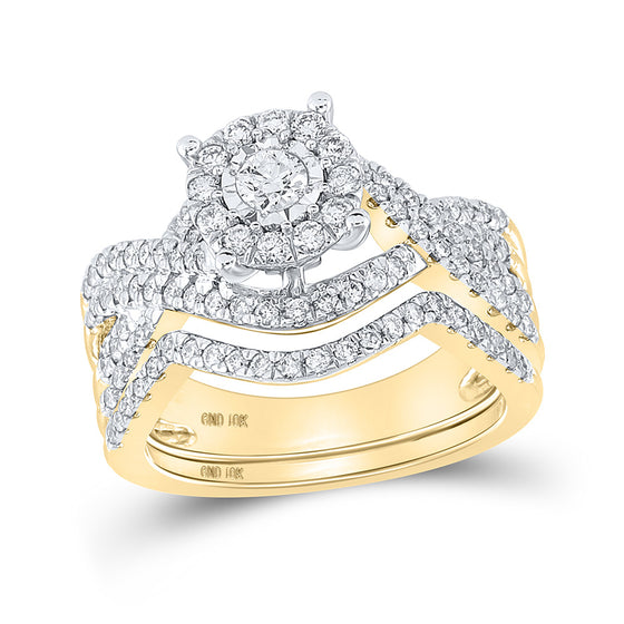 10k Yellow Gold Round Diamond Contoured Bridal Wedding Ring Band Set 1 Cttw