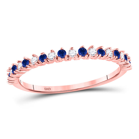 10k Rose Gold Womens Round Blue Sapphire Diamond Stackable Band Ring 1/5 Cttw