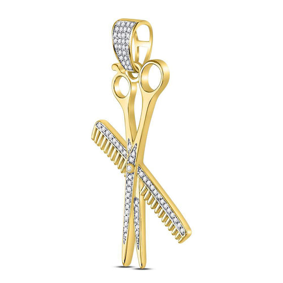 10k Yellow Gold Mens Round Diamond Barber Scissors Comb Clippers Charm Pendant 1/3 Cttw